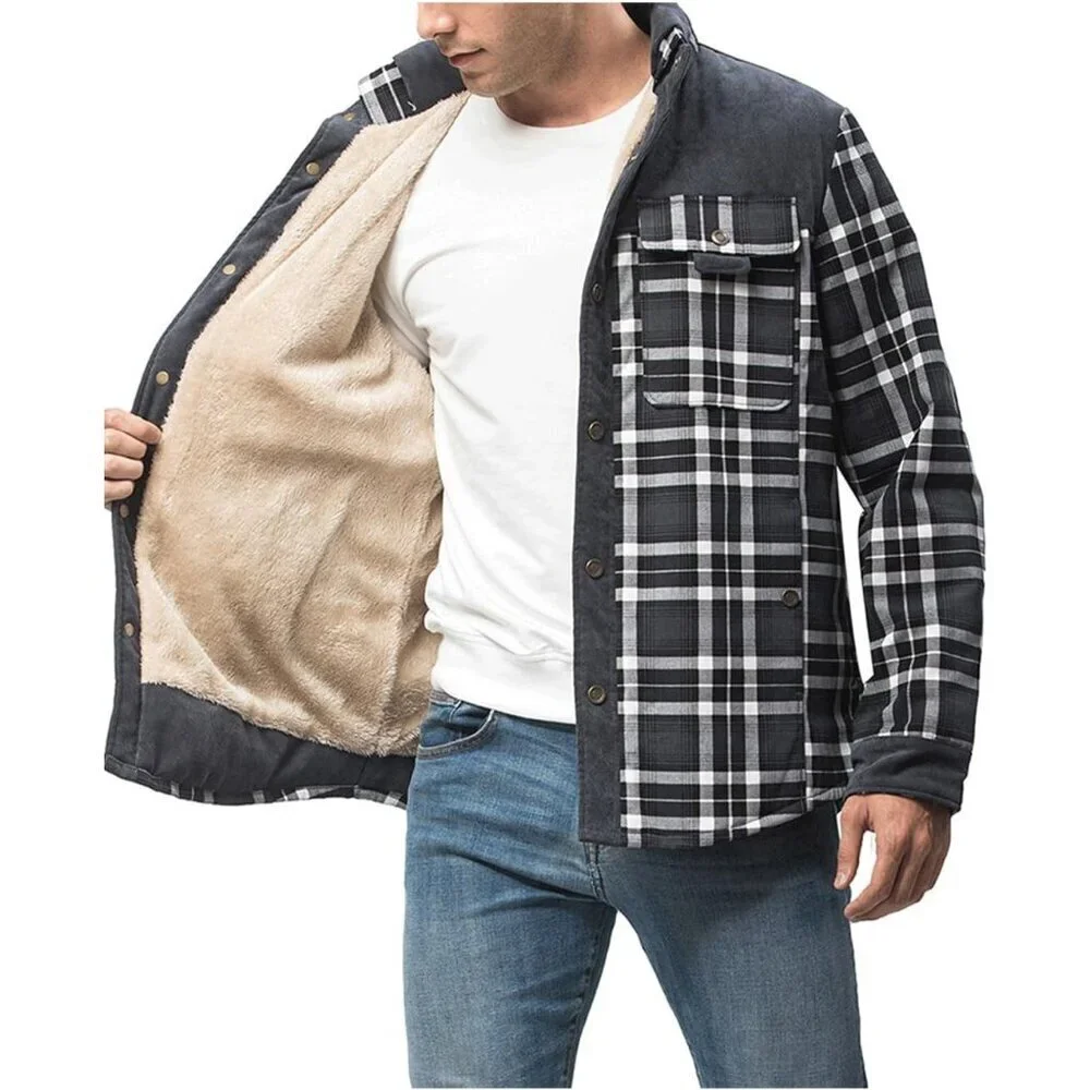 Men's Grey Long Sleeve Sherpa Lined Flannel Shirt Jacket Fleeces